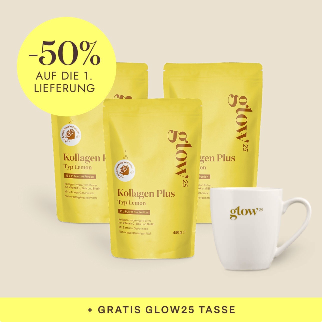 Kollagen Plus Typ Lemon, 3 Pakete mit Gratis-Tasse, Bynder-Packshot
