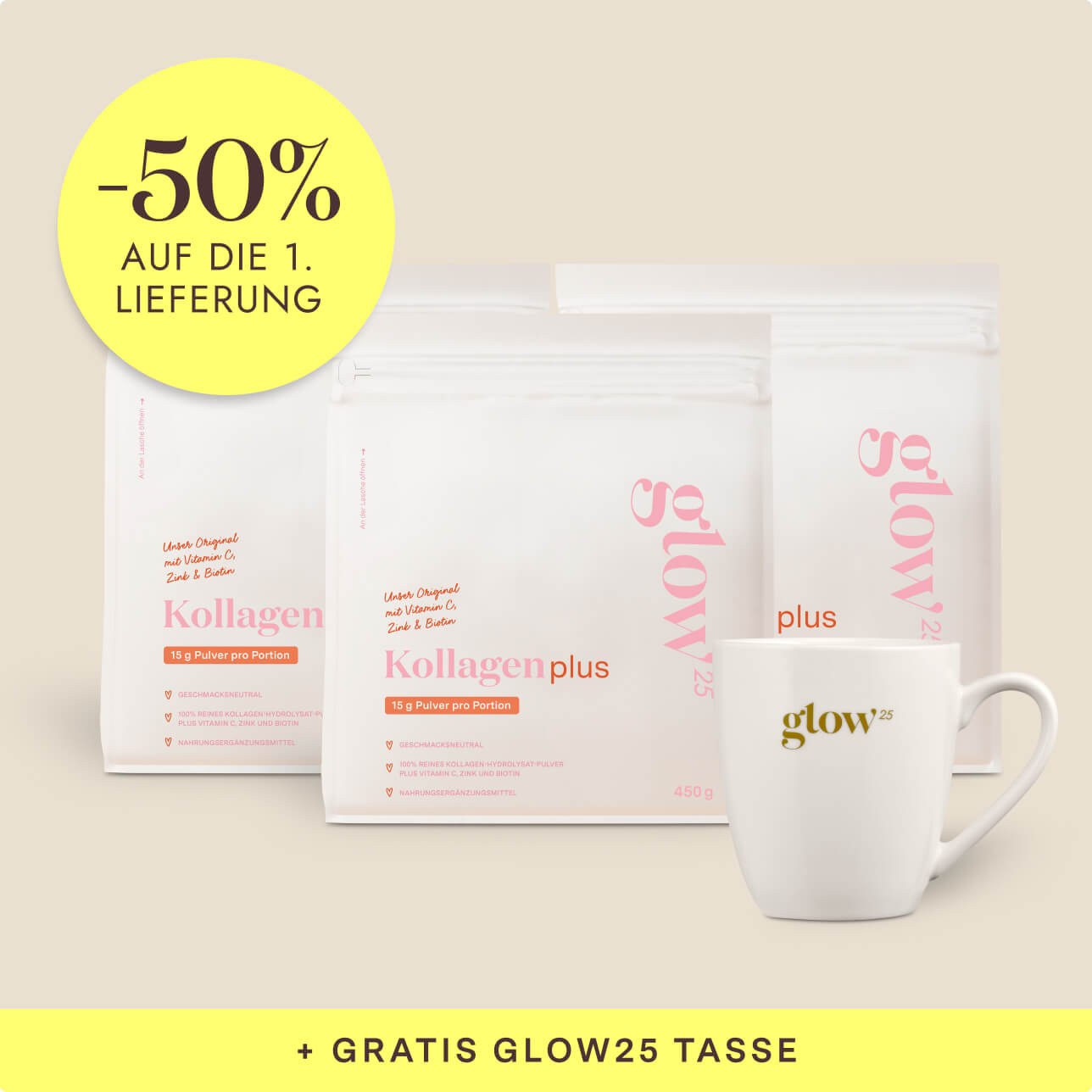 Kollagen Plus, 3 Pakete mit Gratis-Tasse, Bynder-Packshot