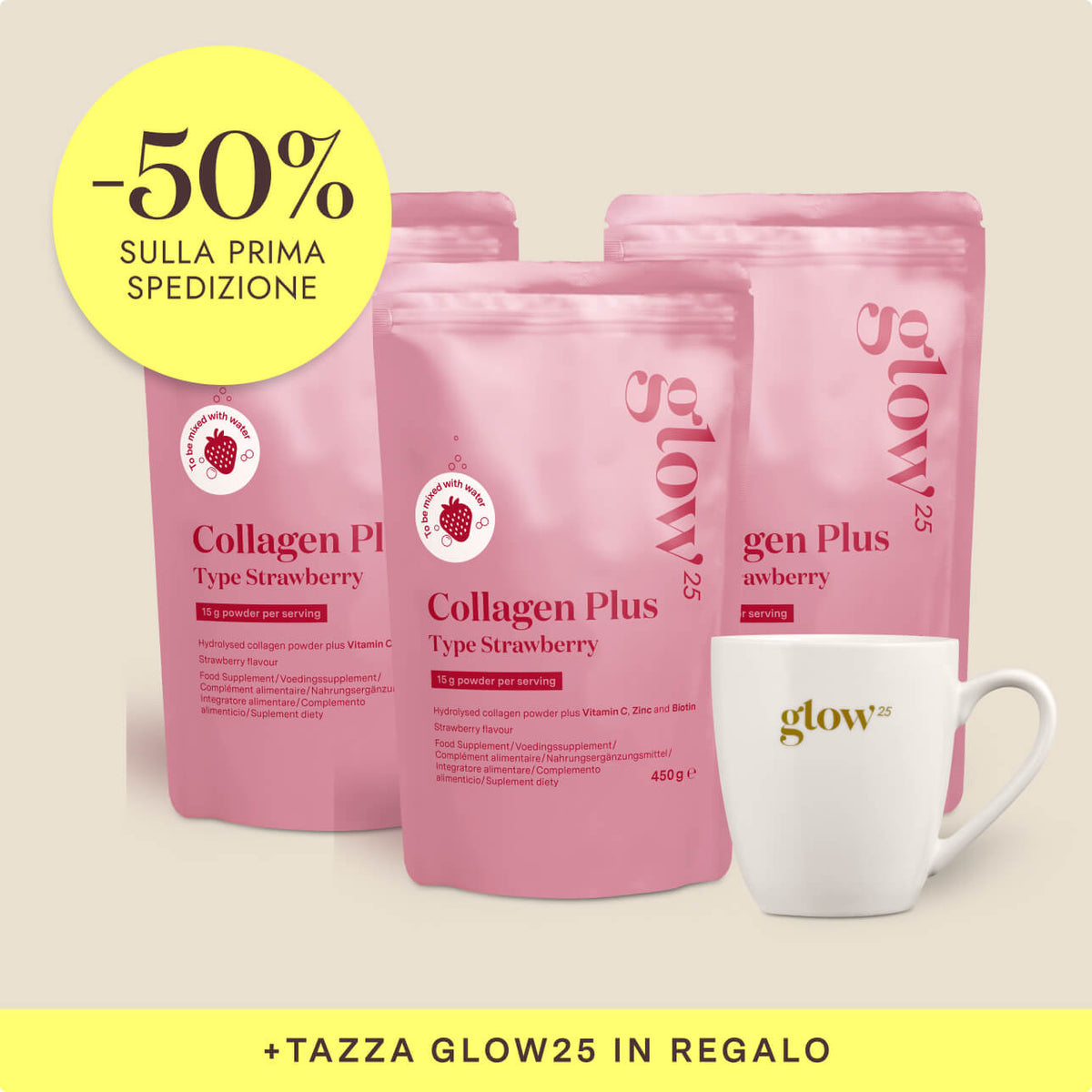 Collagen Plus tipo Strawberry, 3 confezioni con tazza in regalo, packshot Bynder
