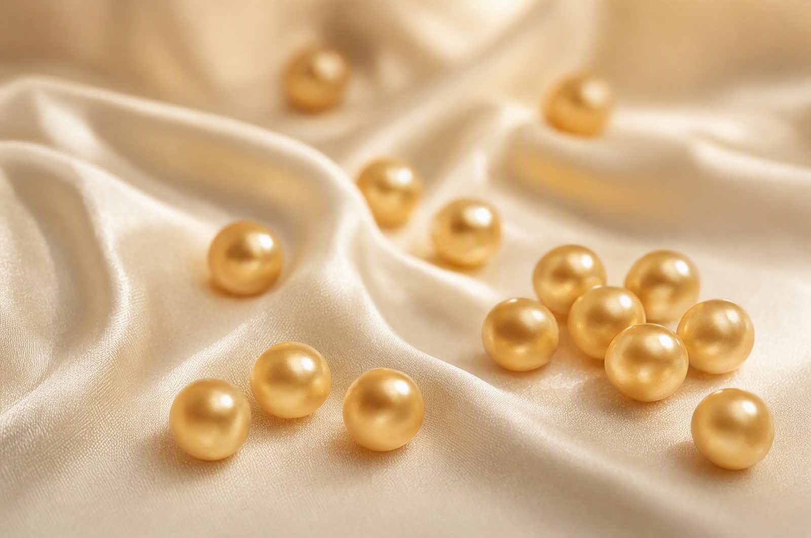 Perle dorate su seta, simbolo delle cinque vitamine B