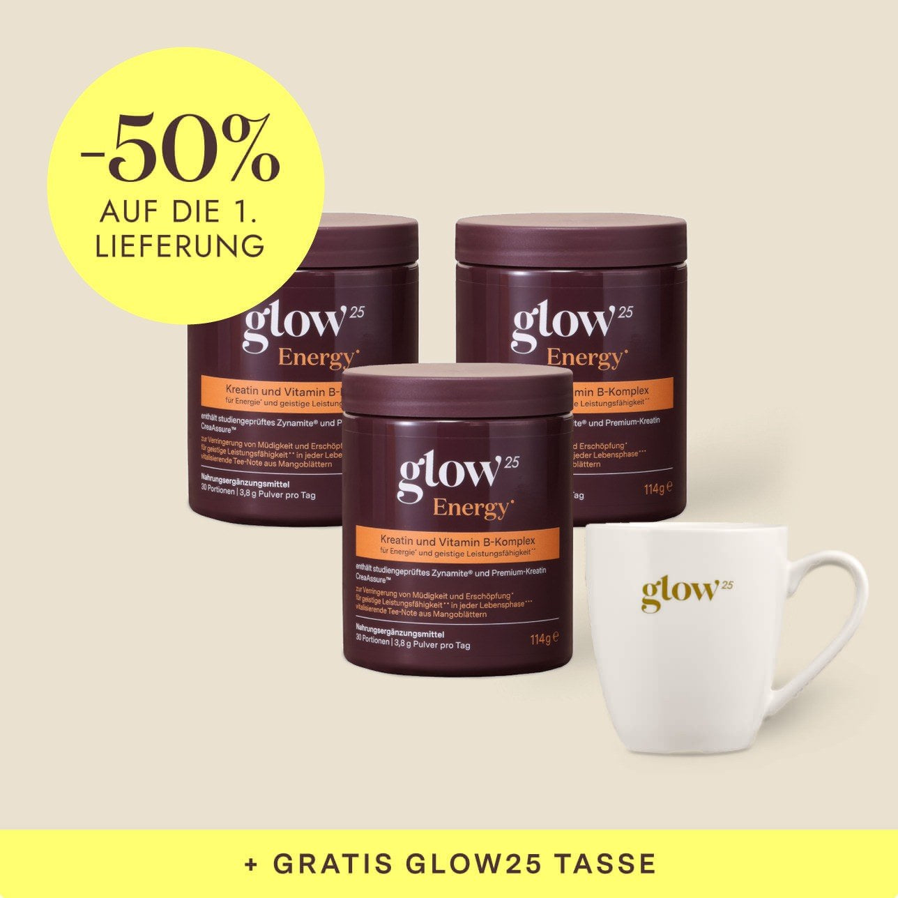 Glow25 Energy, 3 Pakete mit Gratis-Tasse, Bynder-Packshot