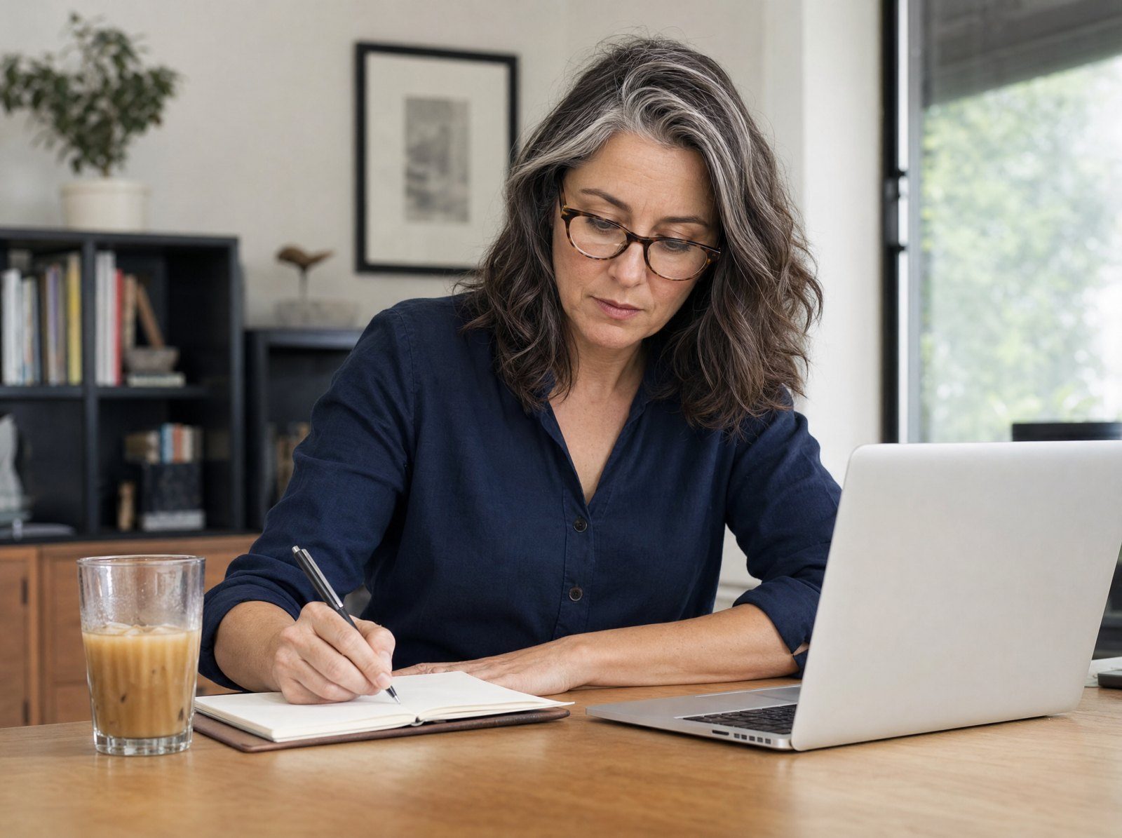 Femme d'environ 50 ans travaillant avec concentration à son bureau, à côté un verre de café glacé