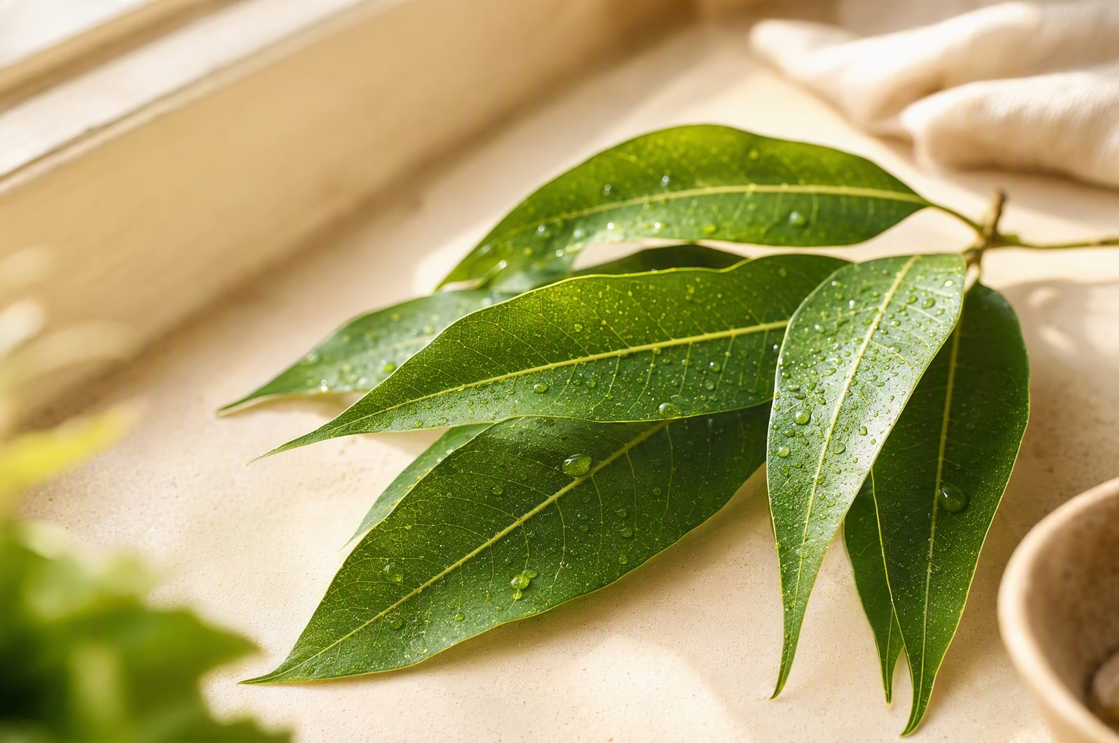 Feuilles de manguier fraîches avec des gouttes d'eau