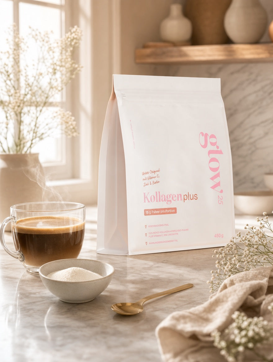 Collagen Plus with a glass cup of coffee in the kitchen